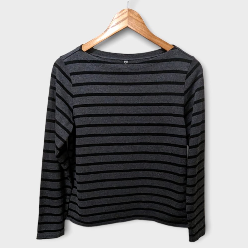 UNIQLO Black and Grey 100% Cotton Womens Scoop Neck Long Sleeve Striped Shirt